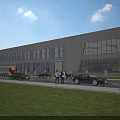 Modern Industrial Factory Building Exterior Featuring Large Glass Windows Parking Area And Green Lawn