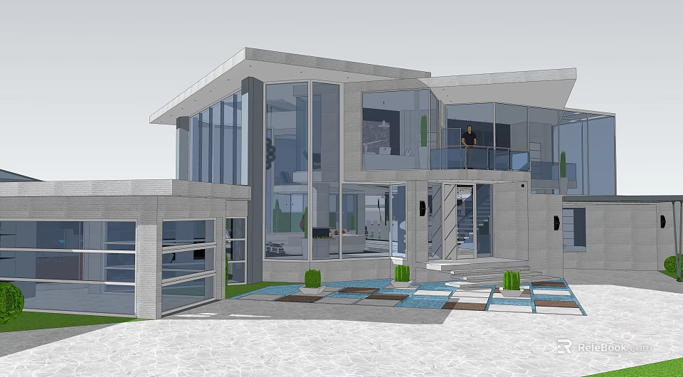 Modern Detached Villa With Large Glass Walls Outdoor Courtyard Pool And Green Plants 3d model 
