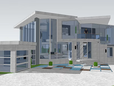 Modern Detached Villa With Large Glass Walls Outdoor Courtyard Pool And Green Plants 3d model