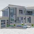 Modern Detached Villa With Large Glass Walls Outdoor Courtyard Pool And Green Plants