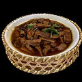 Tasty Braised Meat Stew With Chunks In Broth Topped With Fresh Coriander In Bamboo Bowl
