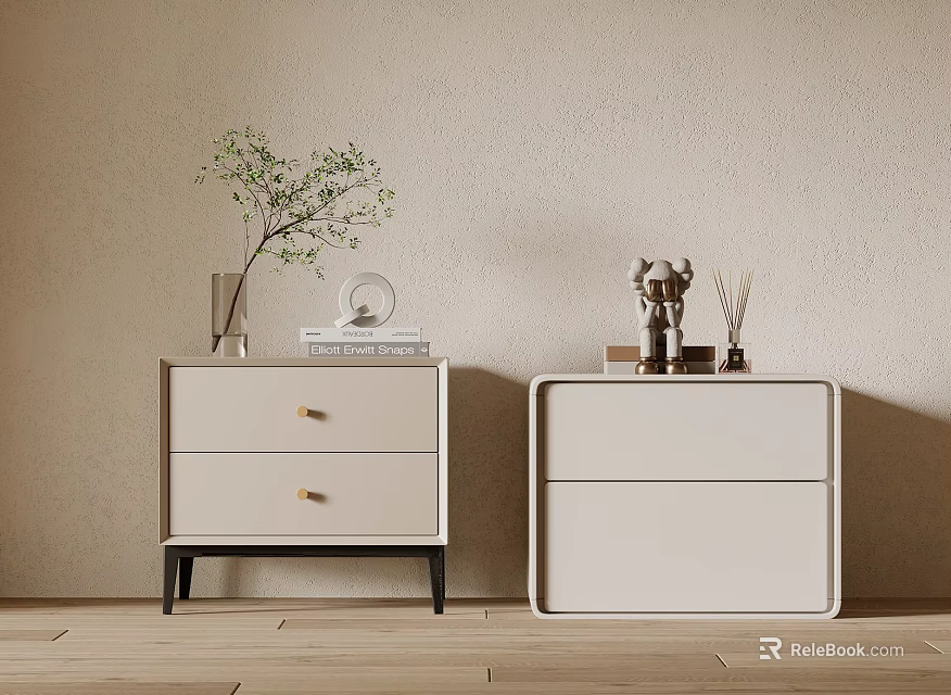 Two Light Beige Bedside Tables With Drawers And Decorative Items On Wooden Floor 3d model 