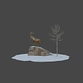 Game Movie Character Ibex with Large Curved Horns Standing on Snowy Rocky Cliff