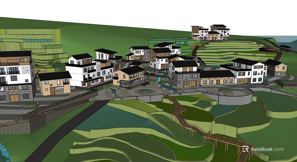 Rural Village With Traditional Houses On Terraced Mountain Slopes And Green Fields 3d model 