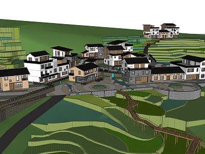 Rural Village With Traditional Houses On Terraced Mountain Slopes And Green Fields 3d model