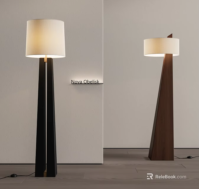 Modern Floor Lamp With Black And Brown Wooden Base And White Fabric Shade Contemporary Design 3d model 