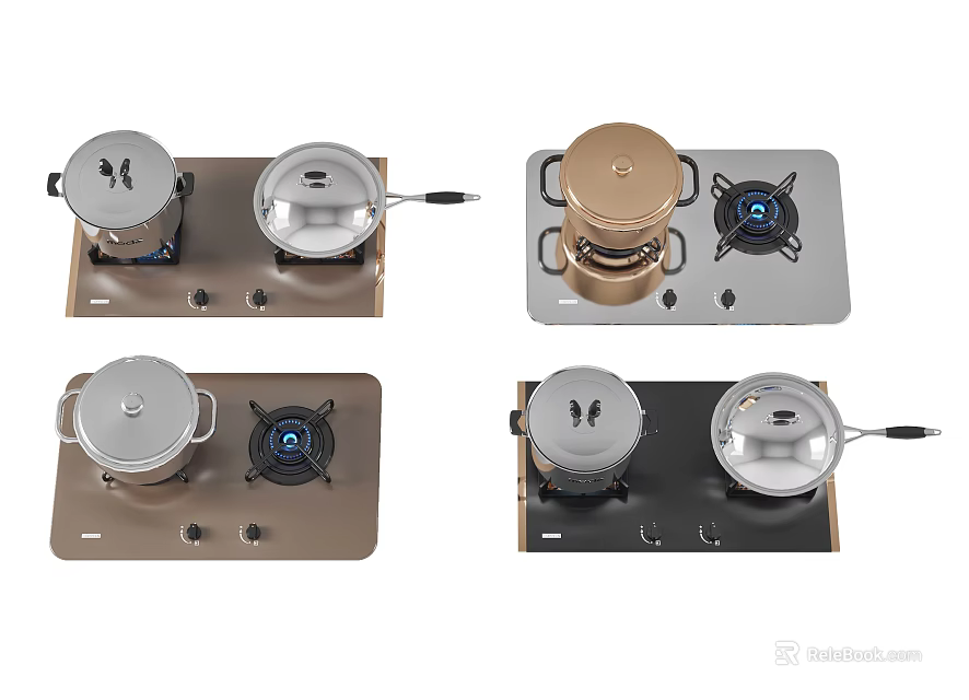 Modern Kitchen Stove Top Appliances Featuring Pots In Various Colors 3d model 