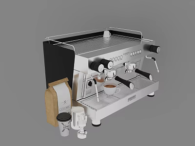 Stainless Steel Espresso Coffee Machine With Coffee Cups Bean Bag And Milk Frother 3d model
