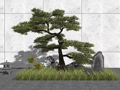 Decorative Garden Ornament With Pine Tree Gray Wall Rockery Stones Stone Pavement And Green Grass 3d model