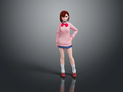 Game Movie Character In Pink Sweater With Bow Blue Skirt And Red Shoes Standing 3d model