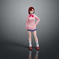 Game Movie Character In Pink Sweater With Bow Blue Skirt And Red Shoes Standing