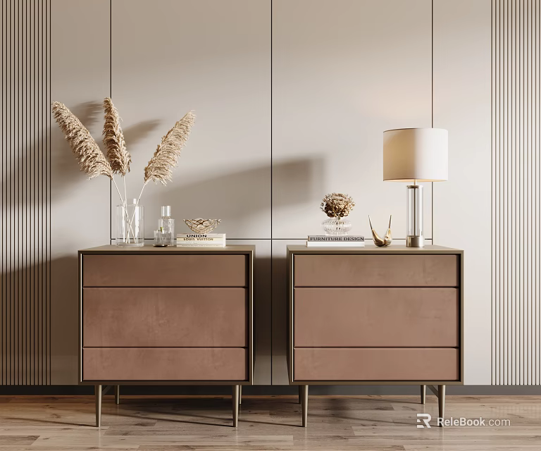 Modern Brown Velvet Bedside Tables With Gold Legs Lamp And Pampas Grass Decor 3d model 
