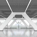 Modern Public Office Space With White Pillars Ceiling Lighting And Sleek Flooring 3d model