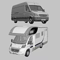 White Commercial Van and Modern Motorhome with Black Roof and Blue Stripes