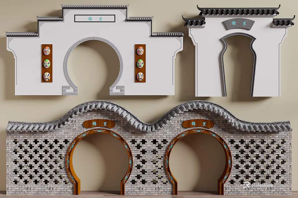 Traditional Chinese Scenic Wall With Arched Openings Symmetrical Design And Decorative Carvings 3d model 
