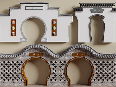 Traditional Chinese Scenic Wall With Arched Openings Symmetrical Design And Decorative Carvings 3d model