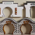 Traditional Chinese Scenic Wall With Arched Openings Symmetrical Design And Decorative Carvings