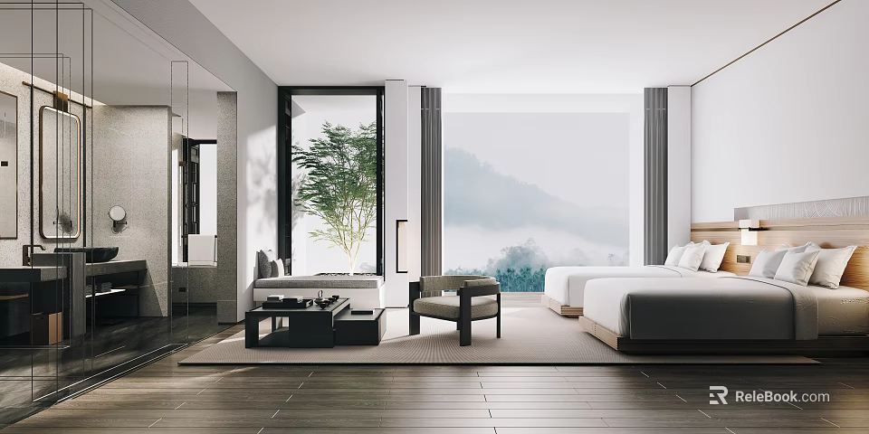 Modern Hotel Room Interior With Large Windows Mountain View And Wooden Flooring 3d model 