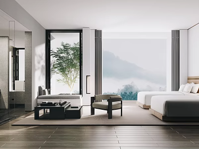 Modern Hotel Room Interior With Large Windows Mountain View And Wooden Flooring 3d model