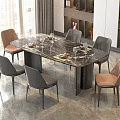 Rectangular Dining Table Set With Marble Top Six Light Brown Dark Gray Leather Chairs 3d model