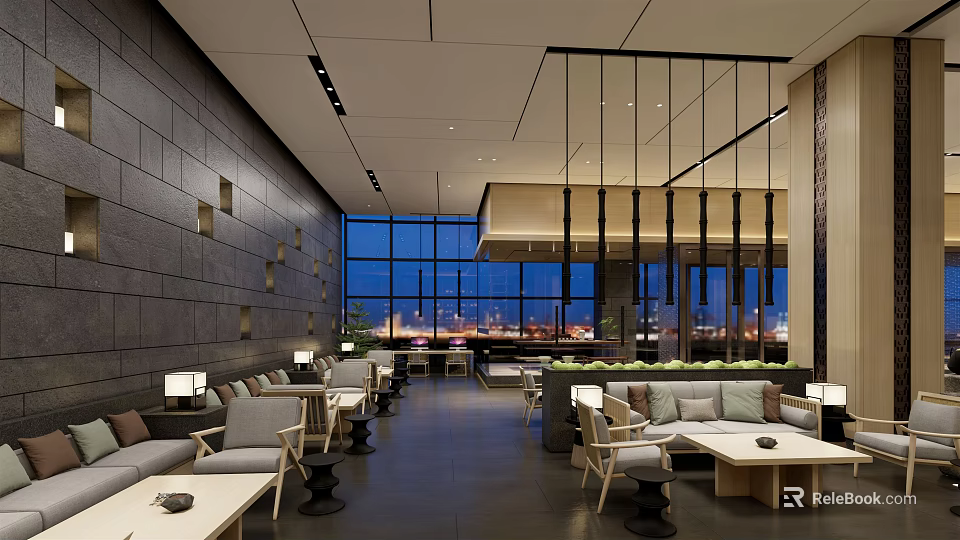 Modern Lounge Area Interior With Comfortable Sofas Coffee Tables And Night View Through Large Windows 3d model