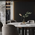 Modern Restaurant Interior with Dark Design Marble Wall Recessed Lighting Dining Table Chairs and Green Plant