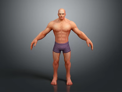Bald Head Muscular Game And Movie Character In Purple Shorts Standing Pose With Grey Background 3d model