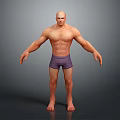 Bald Head Muscular Game And Movie Character In Purple Shorts Standing Pose With Grey Background