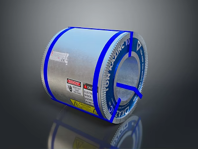 Silver Metal Coil Wrapped With Blue Tape And Product Labels For Industry Use 3d model