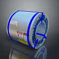 Silver Metal Coil Wrapped With Blue Tape And Product Labels For Industry Use