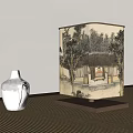 Traditional Chinese Style Table Lamp With Ink Painting Shade And Ceramic Vase On Wooden Table