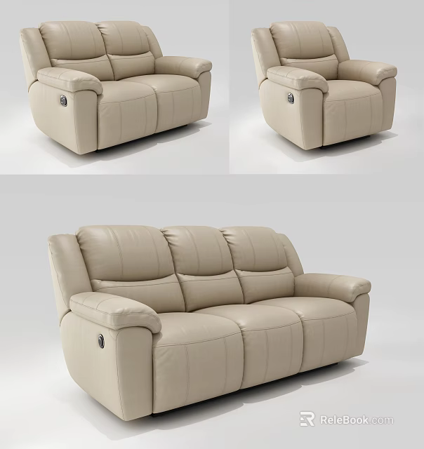 Modern Beige Leather Reclining Sofa Set With Three Seater And Single Chair 3d model 