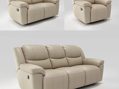 Modern Beige Leather Reclining Sofa Set With Three Seater And Single Chair 3d model
