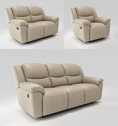 Modern Beige Leather Reclining Sofa Set With Three Seater And Single Chair 3d model