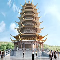 Ancient Chinese Architecture Featuring Yellow Roof Overhanging Eaves And Courtyard With Visitors