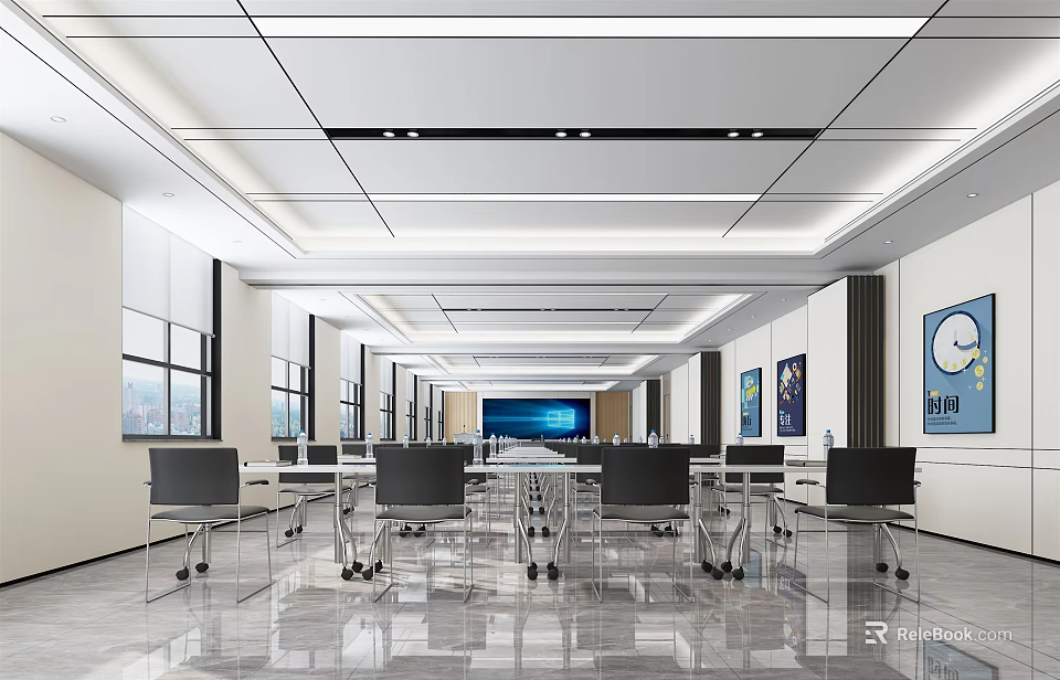 Modern Conference Room Interior Design With Long Table Chairs Large Screen And Windows 3d model