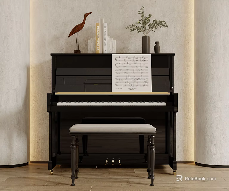 Elegant Black Piano Interior Design With White Stool Sheet Music Books And Vase 3d model 