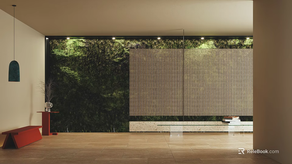 Modern Interior Green Plant Wall With Decorative Lighting And Natural Elements 3d model 