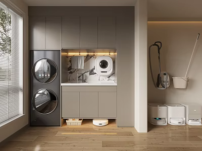 Home Balcony Interior With Washer Dryer Storage Cabinets And Cleaning Tools 3d model