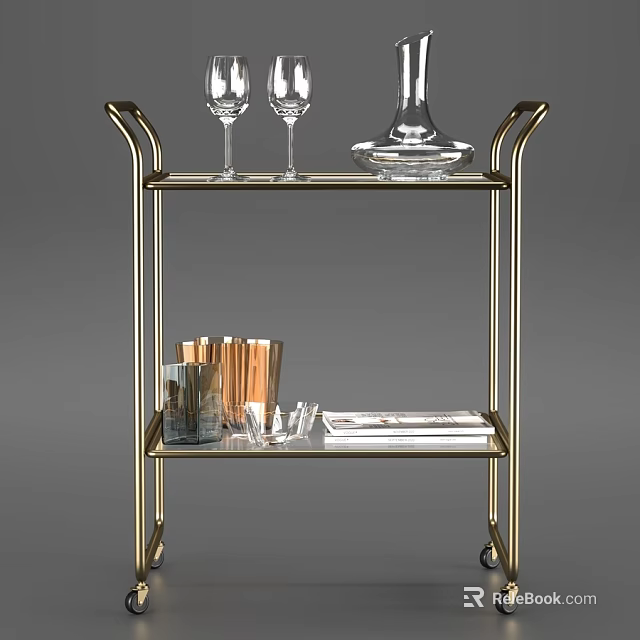 Stylish Gold Metal Frame Dining Table With Glassware Decanter Metal Cups And Books 3d model 