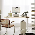 Bright Modern Study Room With Wooden Desk Computer Monitor Bookshelf And Green Plant