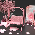 Pink Swing with Romantic Cherry Blossoms and Petals in Decorative Setup