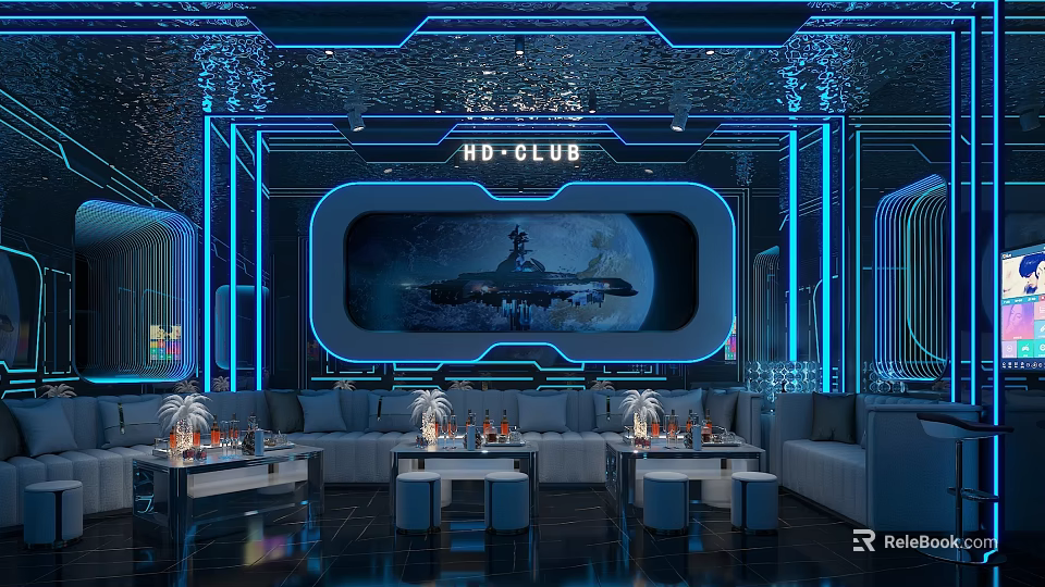 Neon Illuminated Modern KTV Interior With Comfortable Sofas Tables And Artwork 3d model