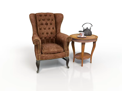 Brown Tufted Armchair With Wooden Legs And Small Round Table Featuring Teapot Teacup 3d model