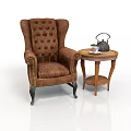 Brown Tufted Armchair With Wooden Legs And Small Round Table Featuring Teapot Teacup