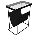 Contemporary Side Table Featuring Glass Top Black Metal Frame and Storage Pocket