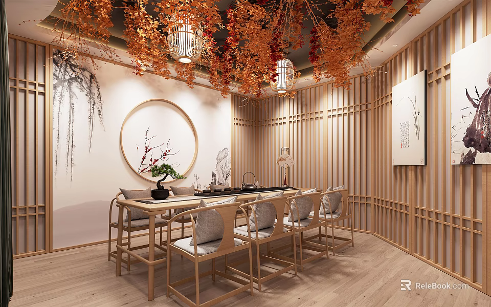 Chinese Style Interior Design With Wooden Lattice Circular Wall Art And Hanging Floral Decorations 3d model 