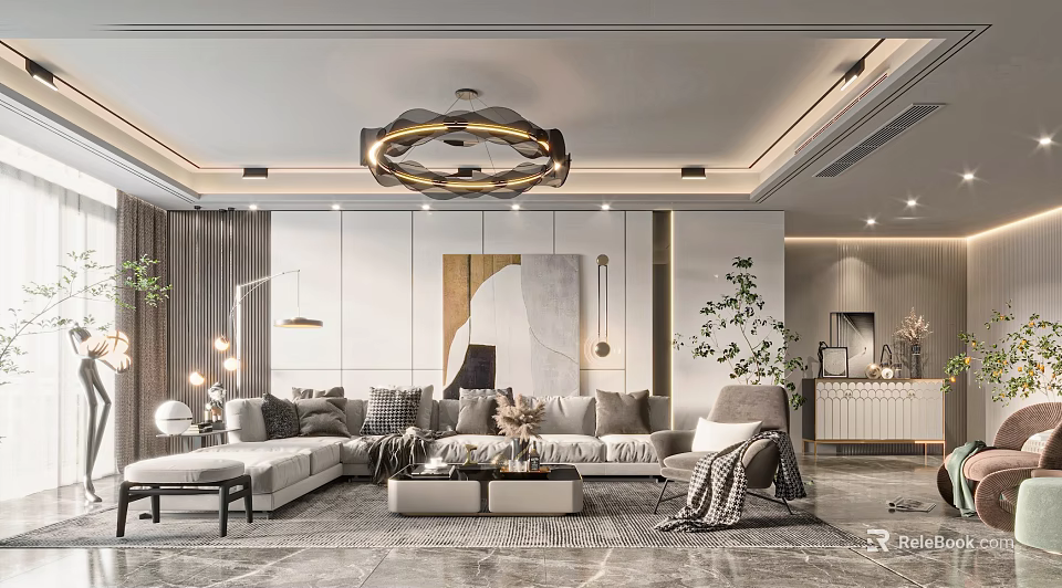 Modern Minimalist Living Room Interior Design With Sectional Sofa Coffee Table Chandelier And Abstract Wall Art 3d model 