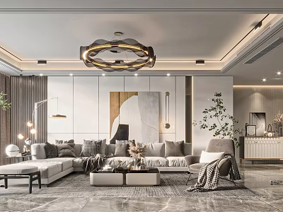 Modern Minimalist Living Room Interior Design With Sectional Sofa Coffee Table Chandelier And Abstract Wall Art 3d model