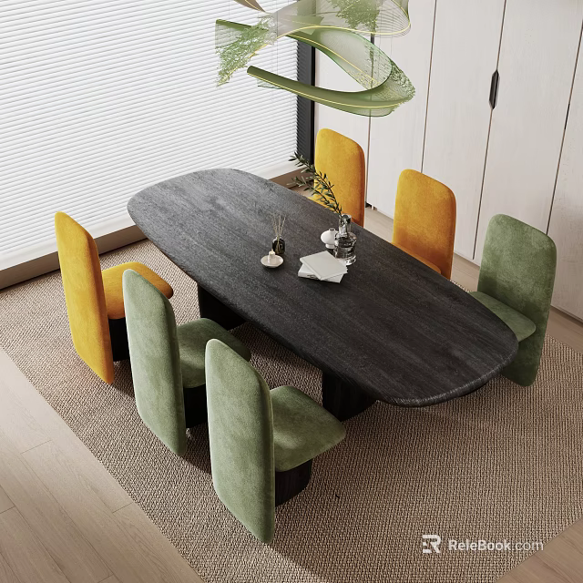 Black Oval Dining Table Set with Yellow and Green Chairs and Decorative Plants 3d model 